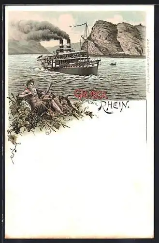 Lithographie Salondampfer auf dem Rhein am Loreleyfelsen