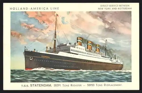 Künstler-AK T.S.S. Passagierschiff Statendam der Holland-America Line auf hoher See