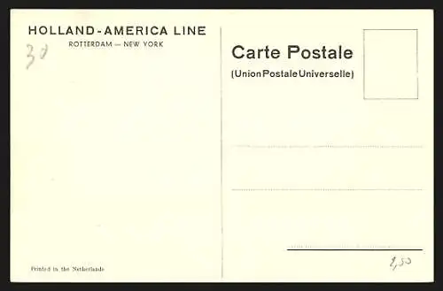 Künstler-AK T.S.S. Passagierschiff Statendam der Holland-America Line auf hoher See