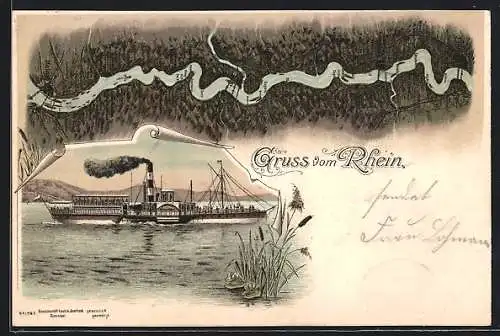 Lithographie Rheindampfer in voller Fahrt mit dem Flusslauf des Rheins