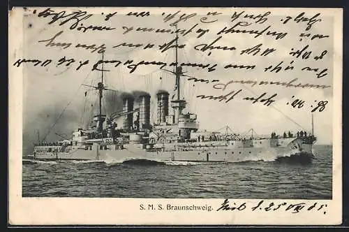 AK Kriegsschiff SMS Braunschweig pflügt durch das Meer