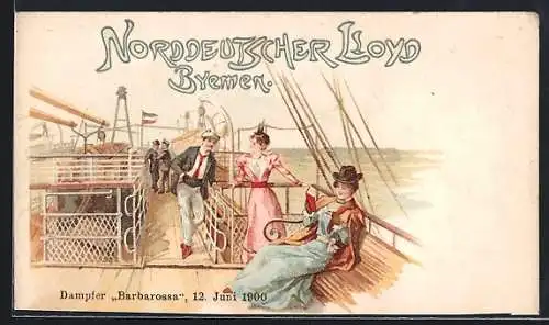 Lithographie Passagierschiff Barbarossa, Reisende an Deck, Norddeutscher Lloyd