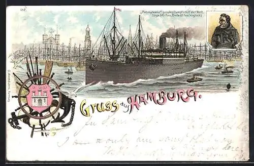 Lithographie Hamburg, Passagierschiff Pennsylvania verlässt den Hafen, Wappen