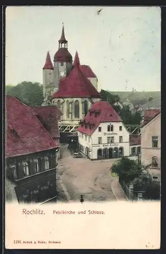 AK Rochlitz, Petrikirche und Schloss mit Weinhandlung von Emil Fischer