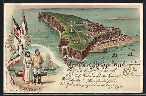 Lithographie Helgoland, Inselansicht, Helgoländer Fischer, Fahnen, Sonnenuntergang