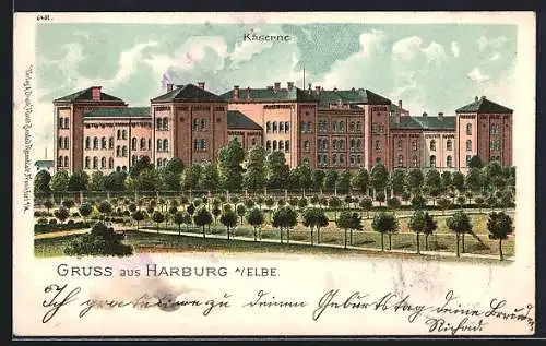 Lithographie Hamburg-Harburg, Blick zur Kaserne