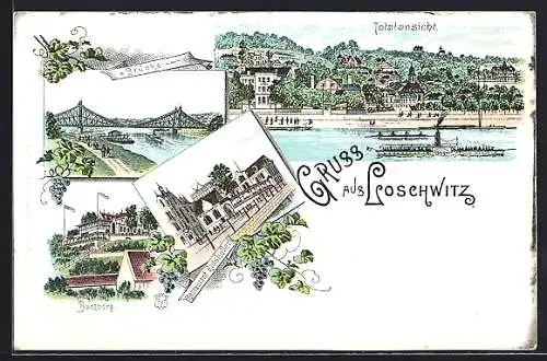 Lithographie Dresden-Loschwitz, Brücke, Brugberg und Restaurant Ratskeller