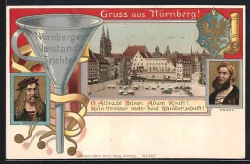 Lithographie Nürnberg, Albrecht Dürer, Adam Kraft, Verstandstrichter, Marktplatz