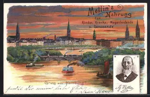 Lithographie Hamburg, Alster bei Dämmerung, Lombardsbrücke