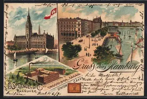 Lithographie Hamburg-Neustadt, Rathaus, Jungfernstieg