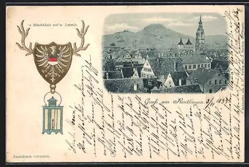 Präge-AK Reutlingen, Teilansicht und geprägtes Stadtwappen