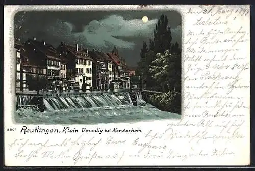 Lithographie Reutlingen, Klein Venedig bei Mondschein