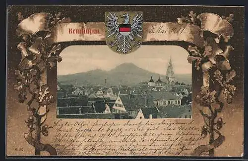 Passepartout-Lithographie Reutlingen, Ansicht durch einen Rahmen mit Eichenlaub