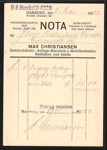 AK Hamburg-Wandsbek, Werbekarte Bettfedern u. Daunen von Max Christiansen, Wandsbeker Chaussee 163