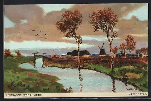 Künstler-Lithographie Sophie Wencke: Flusspartie mit Windmühle an einem Herbsttag