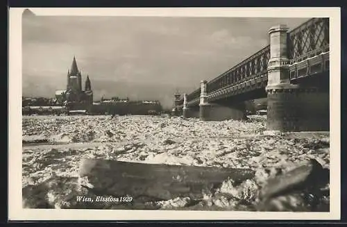 AK Wien, Eisstoss 1929, Teilansicht mit Brücke