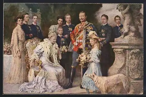 AK Kaiser Wilhelm II. in Uniform mit Degen und Orden im Kreise seiner Familie