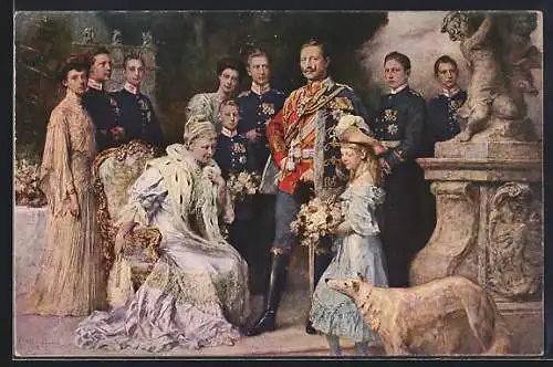 AK Kaiser Wilhelm II. in Uniform mit Degen und Orden im Kreise seiner Familie