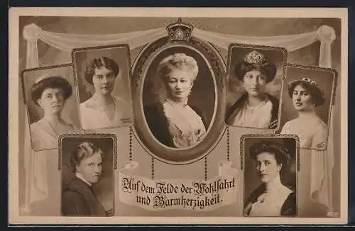 AK Kaiserin Auguste Victoria von Preussen, und 6 weitere Portraits der Prinzessinnen