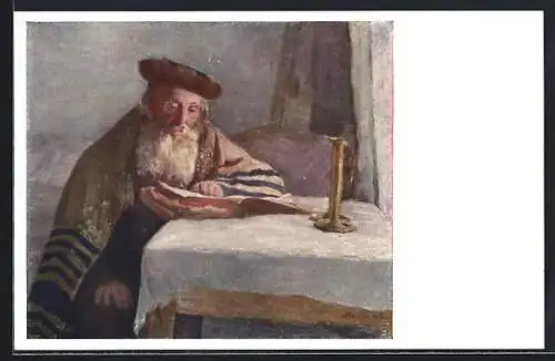 Künstler-AK Alter Rabbi in seinem Schlafzimmer liest in einem Buch