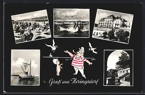 AK Heringsdorf / Ostsee, Gebäudeansicht, Strandpartie, Segelboot