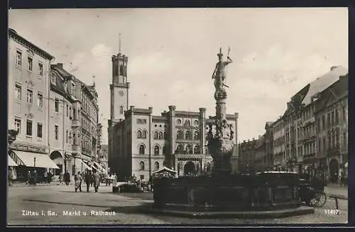 AK Zittau, Markt und Rathaus, Brunnen