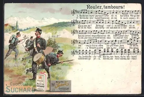 Künstler-AK Chocolat Suchard, Noisettes & Milka, Artillerie-Soldaten, Roulez, tambours, Noten- und Textzeilen