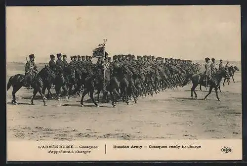 AK Le Conflit Européen en 1914, l`Armée Russe, Cosaques s`apprétant à charger