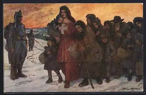 AK Schweizer Bundesfeier 1915, Helvetia mit einer Flüchtlingsgruppe im Schnee