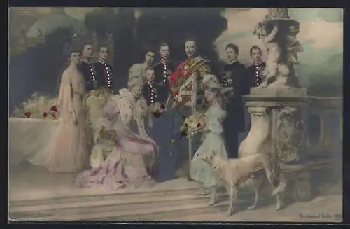 AK Kaiser Wilhelm II. von Preussen mit Familie und Windhund