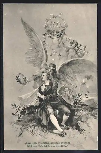 AK Friedrich Schiller, eine Muse küsst ihn, Putti, Wappen, 100. Todestag