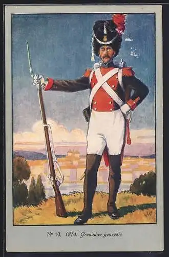 Künstler-AK Genève / Genf, 100-Jahrfeier der Wiedervereinigung 1914, Grenadier von 1814