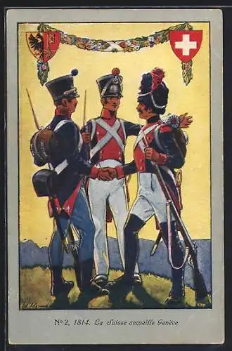 Künstler-AK Genève, La Suisse accueille 1814, Soldaten geben sich die Hand