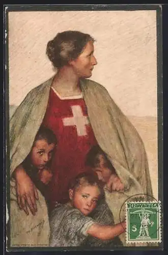 AK Henri Dunant, Schweizer Rotes Kreuz, Helvetia mit Kindern