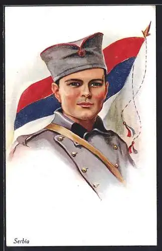 AK Serbia, Soldat und Fahne, 1. Weltkrieg