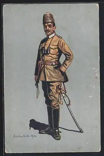 AK Türkischer Kavallerie-Offizier in Feld-Uniform (Khaki), 1914-15