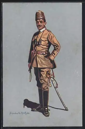 AK Türkischer Kavallerie-Offizier in Feld-Uniform (Khaki), 1914-15