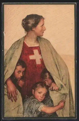 AK Henri Dunant, Schweizer Rotes Kreuz, Helvetia mit Kindern