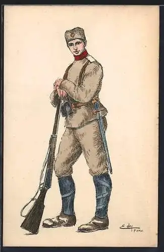 AK Serbien, serbischer Soldat in Uniform mit Gewehr