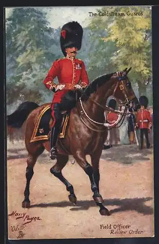 Künstler-AK Harry Payne: Teh Coldstream Guards, Field Officer, Review Order, Soldat in Uniform zu Pferde