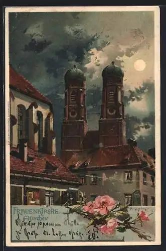 Künstler-Lithographie Theodor Guggenberger: München, Frauenkirche bei Vollmond