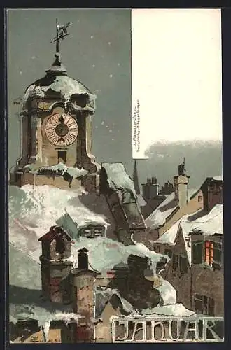 Künstler-AK Theodor Guggenberger: Blick über die verschneiten Dächer der Stadt, Monat Januar, um 1900