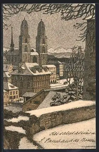 Künstler-AK Ernst E.Schlatter: Zürich, Blick auf das Grossmünster