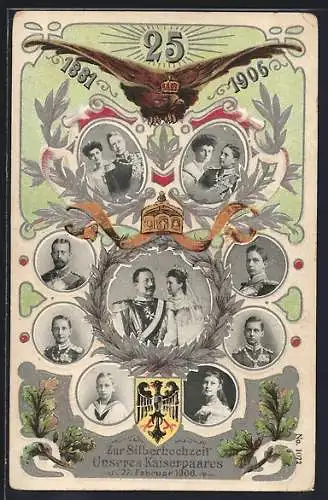 AK Silberhochzeit des Kaiserpaares 1906, Portraits, Adler, Reichswappen