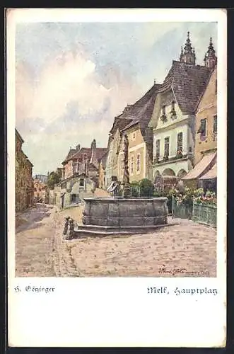 Künstler-AK Hans Götzinger, Deutscher Schulverein NR. 1590: Melk, Hauptplatz, Am Kolomanibrunnen