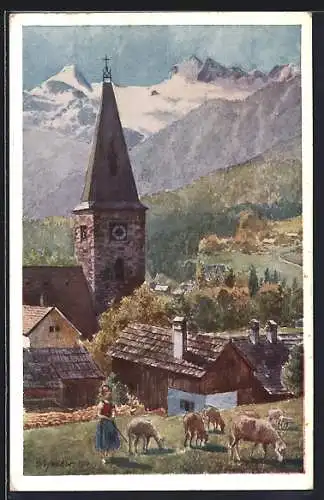 Künstler-AK Alt-Aussee, Teilansicht mit Kirche, Mädchen mit Schafherde auf der Weide