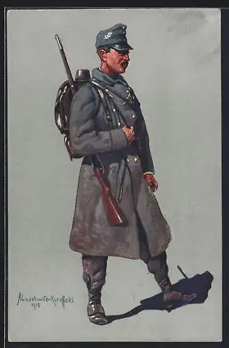 Künstler-AK A. Lüschwitz-Koreffski: Tyroler Kaiserjäger in Feld-Uniform, 1914-15