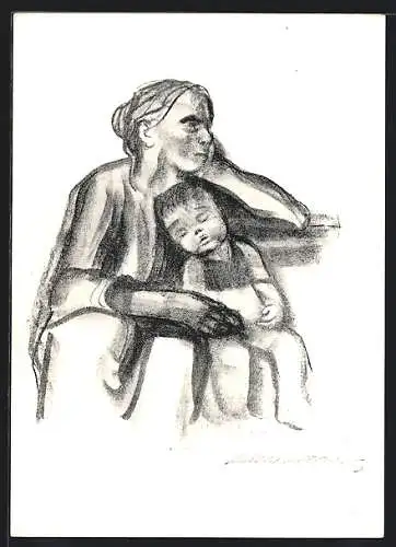 Künstler-AK Käthe Kollwitz: Arbeiterfrau mit schlafendem Jungen, 1927