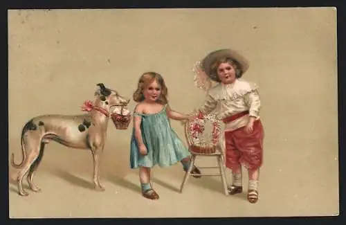 Präge-Lithographie Zwei kleine Gratulanten mit Blumenkorb und Hund mit Körbchen