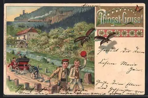 Lithographie Pfingstausflügler und fliegende Maikäfer